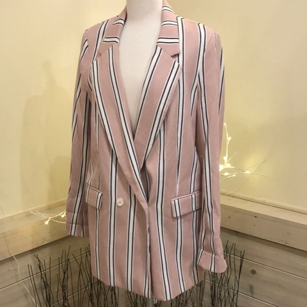 NWOT Free People Uptown Girl Ladies Pink Stripe Blazer Jacket sz L